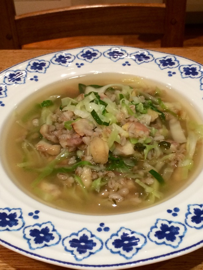Beef broth with cabbage, barley and chestnuts soup